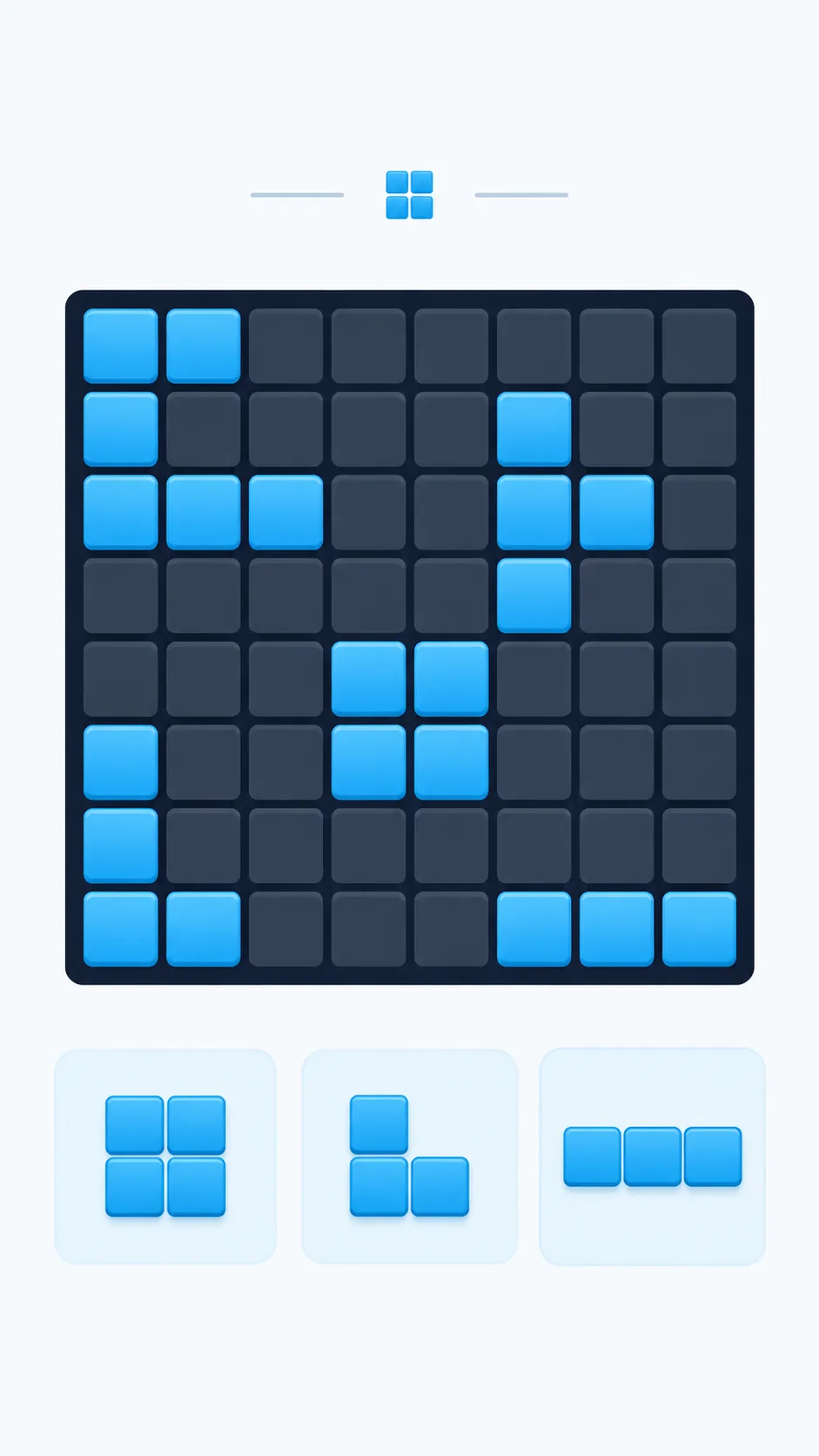 Illustration of an 8 by 8 block board and three example pieces